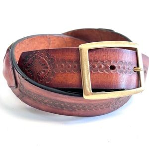 Leegin Vintage Tooled Leather Belt Brass Buckle Western 40" Unisex